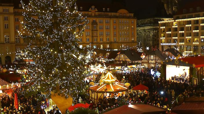 The Christmas Market by Night in Dresden at the Old Market Square